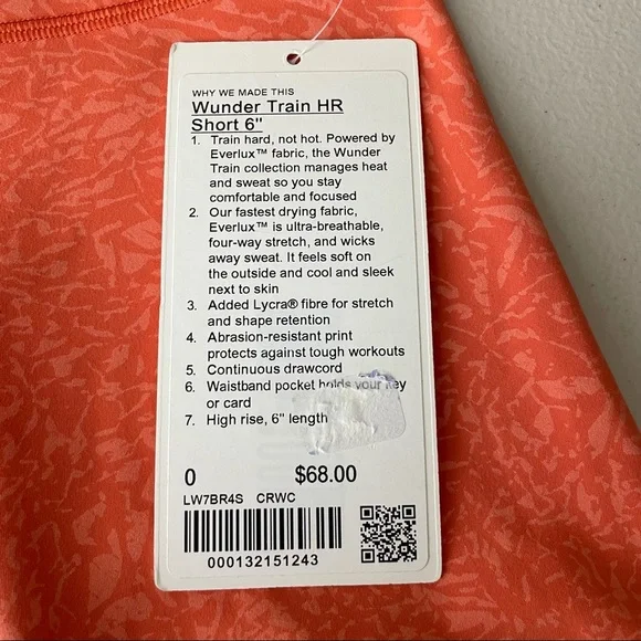 LULULEMON NWT WUNDER TRAIN HIGH RISE BIKE SHORT 6” CRUNCH WARM CORAL 0 14 - Picture 8 of 8